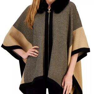 ANNE KLEIN Women’s Size S/M Tan/Black Zip Front Poncho w/Faux Fur Collar Coat